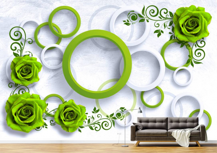 Tapet Premium Canvas - Cercuri  3D si trandafiri verzi [2]