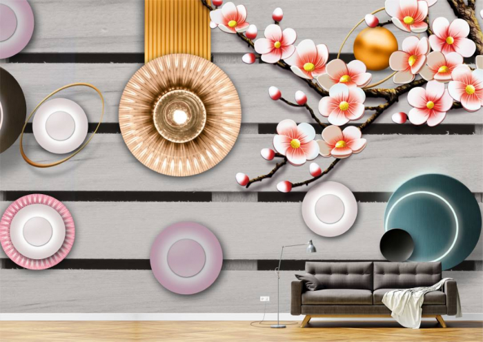 Tapet Premium Canvas - Cercuri colorate si ramura cu flori albe [2]