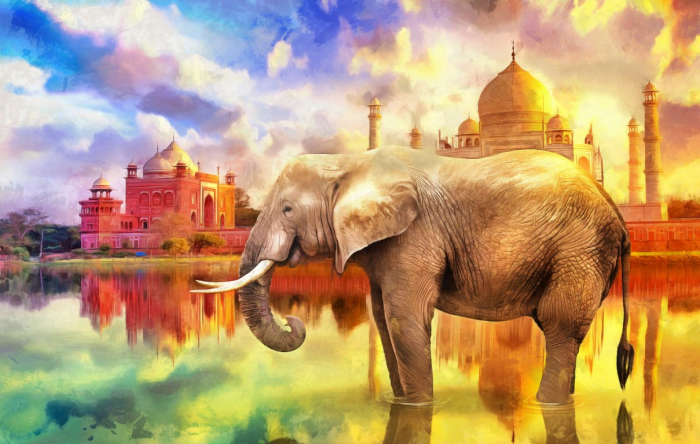 Tapet Premium Canvas - Elefant la Taj Mahal [2]