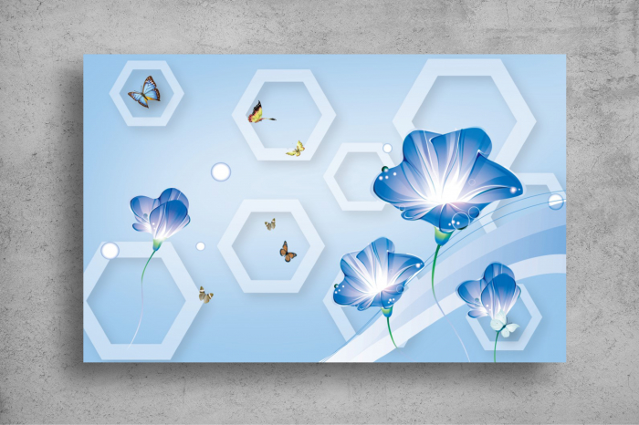 Tapet Premium Canvas - Flori albastre fluturi si hexagoane 3d abstract [2]