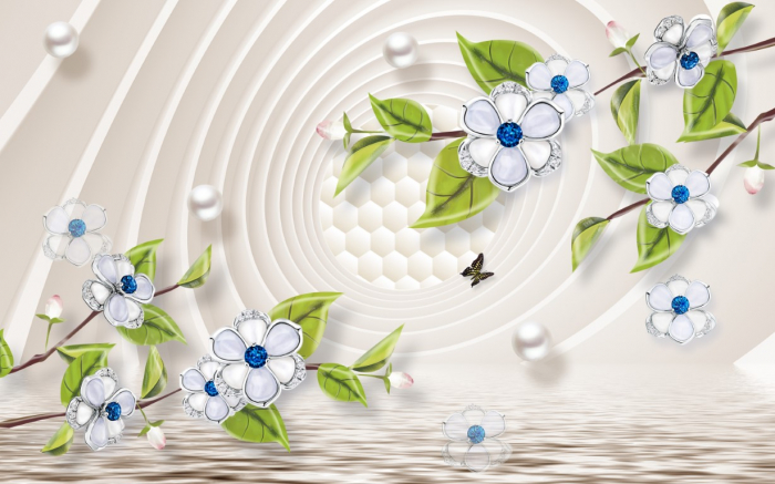 Tapet Premium Canvas - Flori albastre si fluture [2]