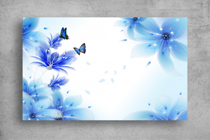 Tapet Premium Canvas - Flori albastre si fluturi abstract [2]