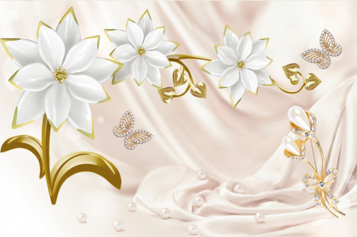 Tapet Premium Canvas - Flori albe si perle [2]