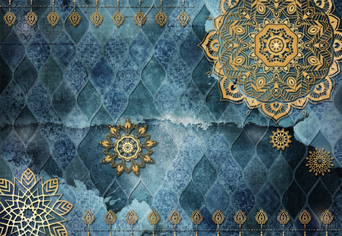 Tapet Premium Canvas - Flori aurii pe albastru [2]