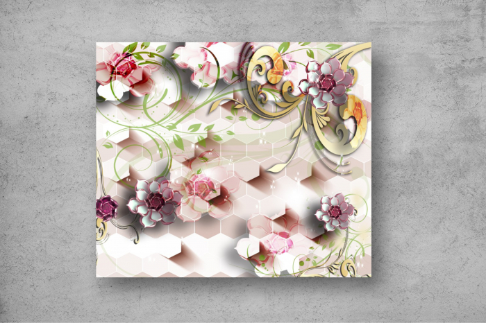 Tapet Premium Canvas - Flori colorate si hexagoane 3d abstract [2]