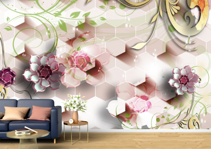 Tapet Premium Canvas - Flori colorate si hexagoane abstract [1]