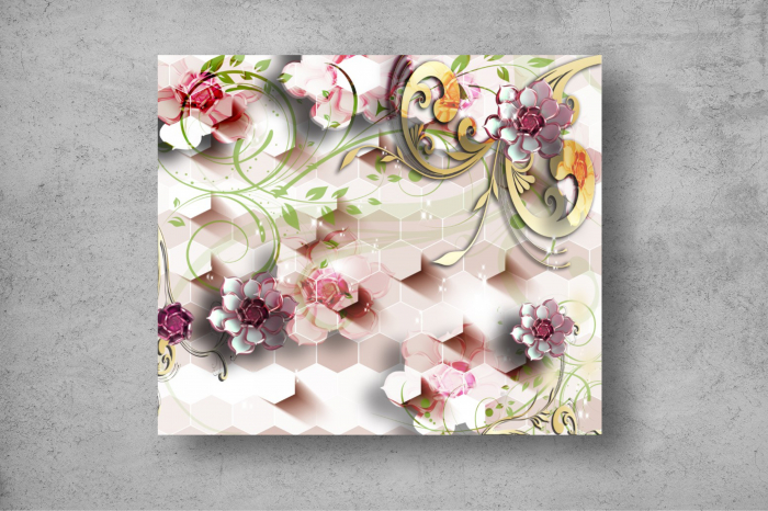 Tapet Premium Canvas - Flori colorate si hexagoane abstract [2]
