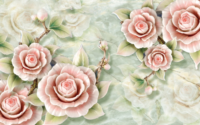 Tapet Premium Canvas - Flori roz cu fundal verde [2]