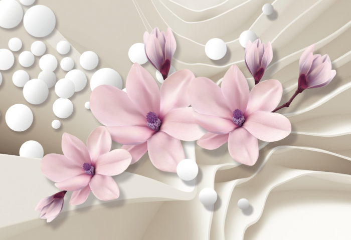 Tapet Premium Canvas - Flori roz si buline [2]