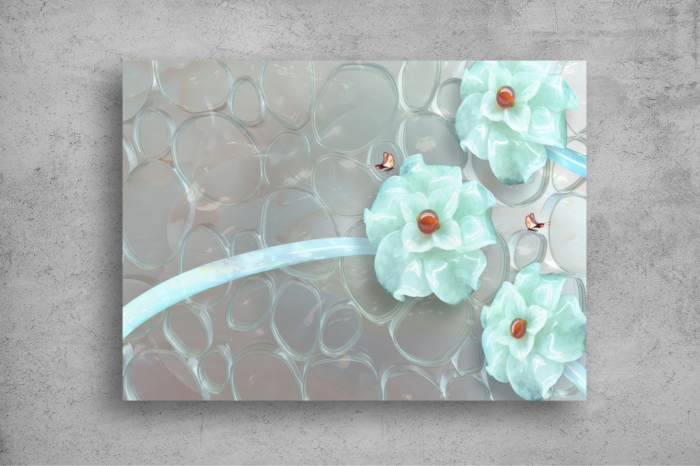 Tapet Premium Canvas - Flori turcoaz fluturi si perle 3d abstract [2]