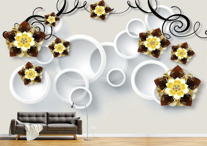Tapet Premium Canvas - Florile colorate si cercurile 3d abstract [1]