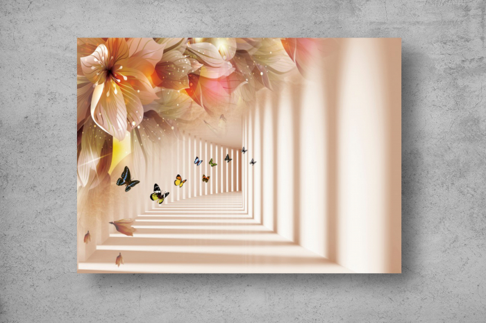 Tapet Premium Canvas - Florile fluturii si tunelul 3d abstract [2]