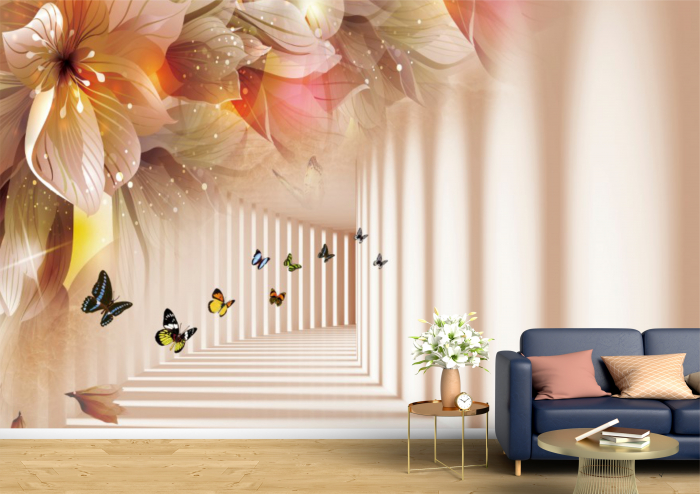 Tapet Premium Canvas - Florile fluturii si tunelul 3d abstract [1]