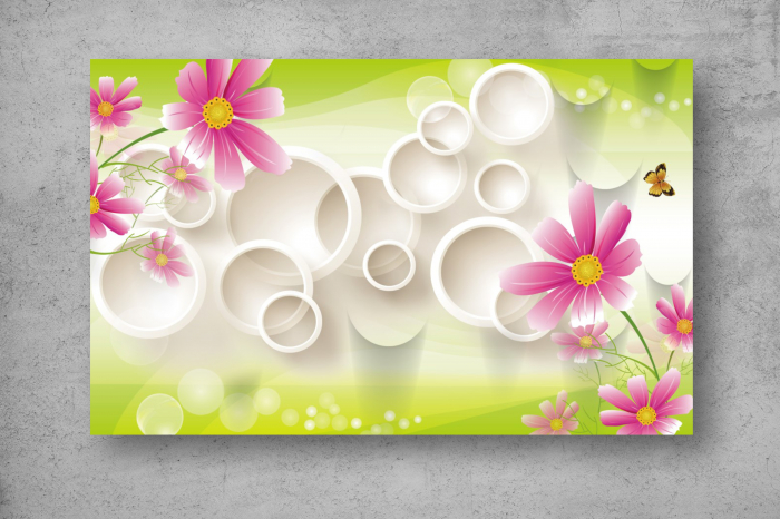 Tapet Premium Canvas - Florile roz fluturii si cercurile 3d abstract [2]