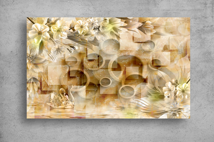 Tapet Premium Canvas - Lebede din portelan flori si cercuri 3d abstract [2]