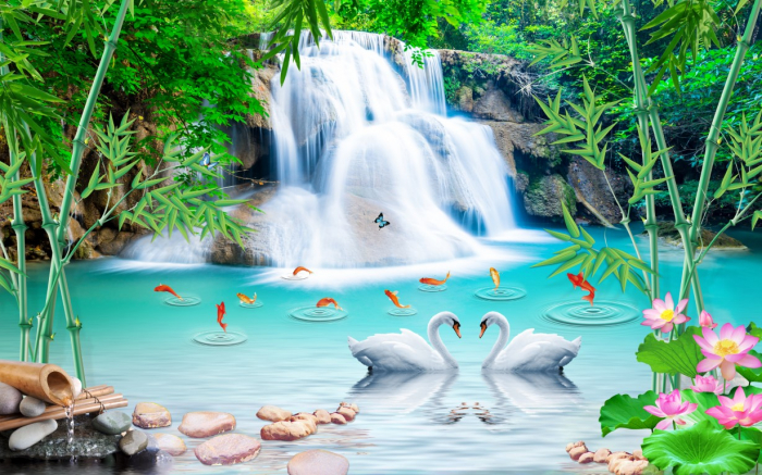 Tapet Premium Canvas - Lebede si cascada [2]