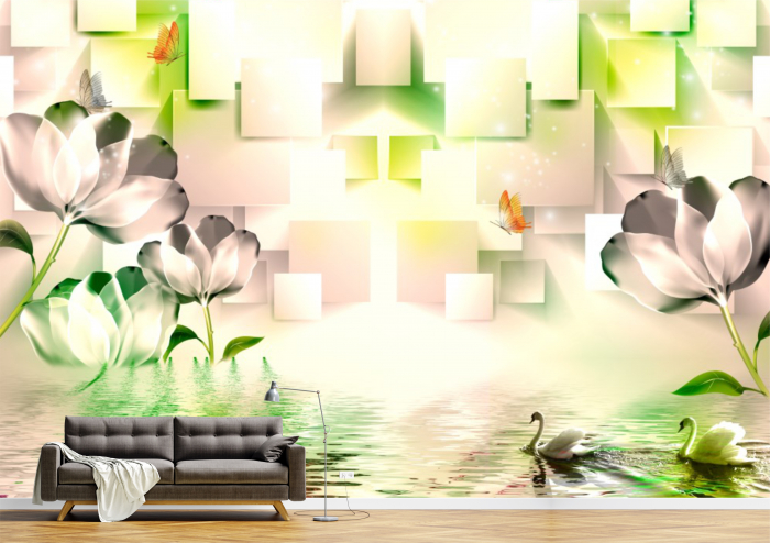 Tapet Premium Canvas - Lebedele fluturii si florile 3d abstract [1]