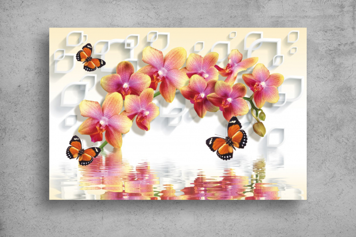 Tapet Premium Canvas - Orhideea si fluturii se reflecta in apa 3d abstract [2]
