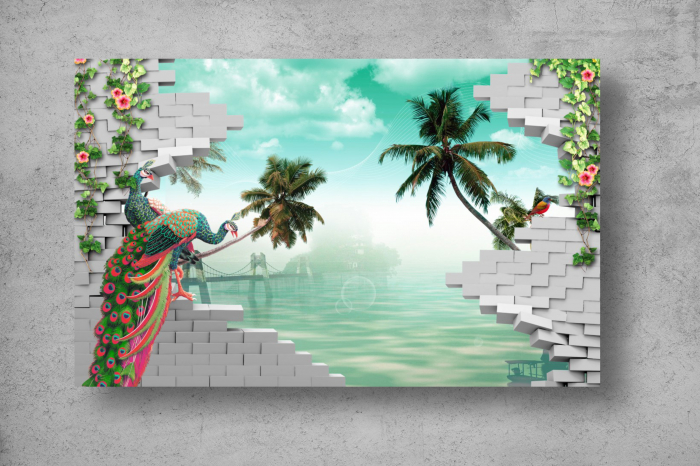 Tapet Premium Canvas - Paunul palmierii si zidul 3d abstract [2]
