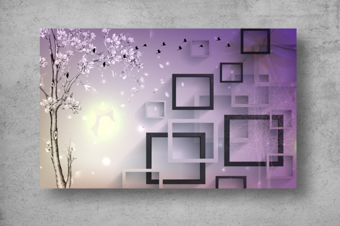Tapet Premium Canvas - Ramura de copac pasarile si cuburile 3d abstract [2]