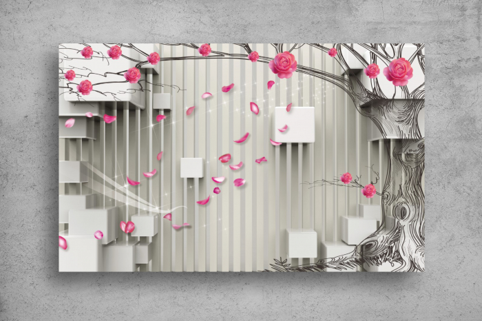 Tapet Premium Canvas - Trandafirii petalele si cuburile 3d abstract [2]