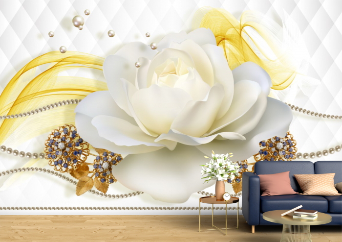 Tapet Premium Canvas - Trandafirul alb cu perle 3d abstract [1]