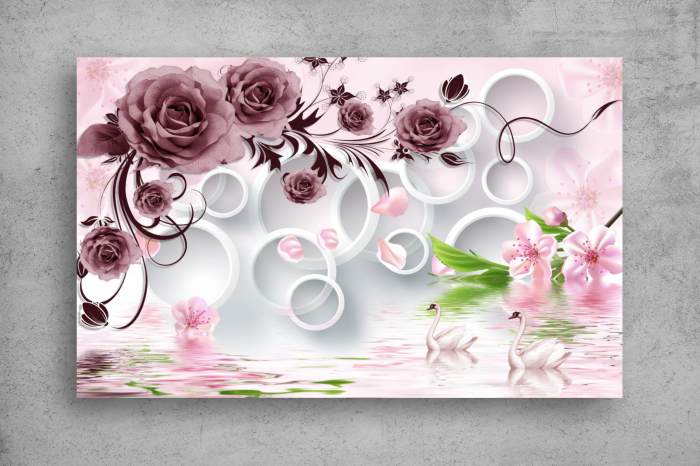 Tapet Premium Canvas - Trandafirul mov lebedele si cercurile 3d abstract [2]