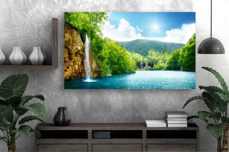 Tablouri Canvas cu peisaje - Tablou Canvas - Lacul si cascada la rasarit