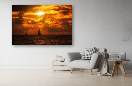 Tablouri Canvas cu peisaje - Tablou Canvas - Silueta de barci si pasari la apus