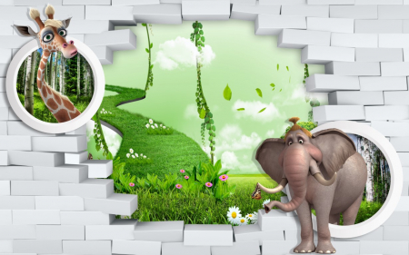 Tapet Premium Canvas - 3d girafa si elefantul [1]