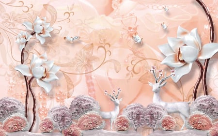 Tapet Premium Canvas - Abstract caprioare si flori albe [1]