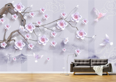 Flori - Tapet Premium Canvas - Abstract copac si pasari