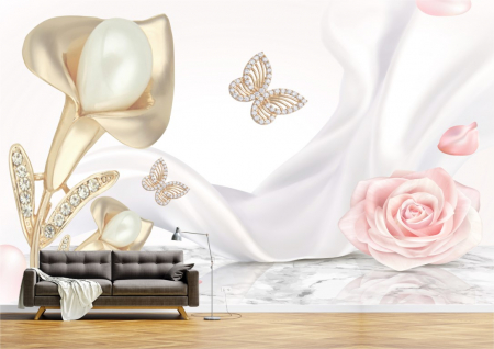 Flori - Tapet Premium Canvas - Abstract floare roz cu perle