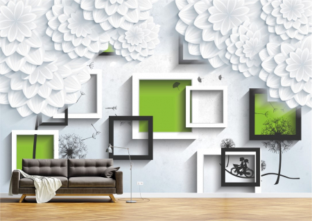 Flori - Tapet Premium Canvas - Abstract flori albe cu chenare