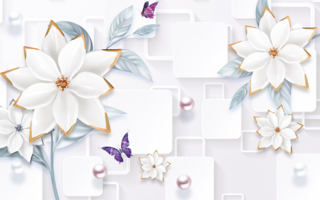 Tapet Premium Canvas - Abstract flori albe cu fluturi [1]