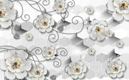 Tapet Premium Canvas - Abstract flori albe pe argintiu [1]
