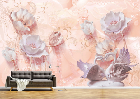 Flori - Tapet Premium Canvas - Abstract flori albe si lebede