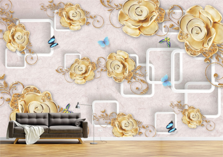 Flori - Tapet Premium Canvas - Abstract flori aurii cu fluturi