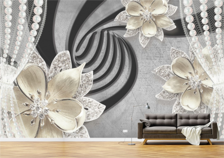 Flori - Tapet Premium Canvas - Abstract flori aurii cu perle