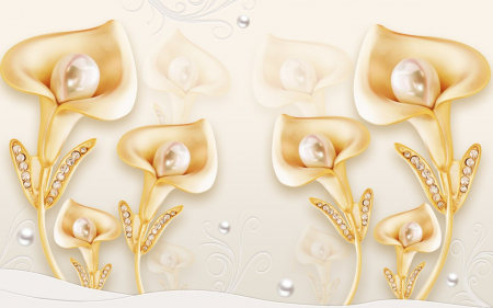 Tapet Premium Canvas - Abstract flori aurii cu perle albe [1]