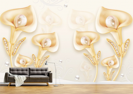 Flori - Tapet Premium Canvas - Abstract flori aurii cu perle albe