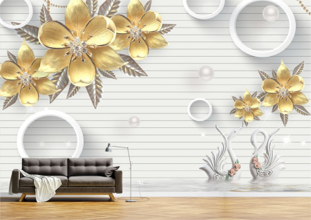 Flori - Tapet Premium Canvas - Abstract flori aurii si lebede