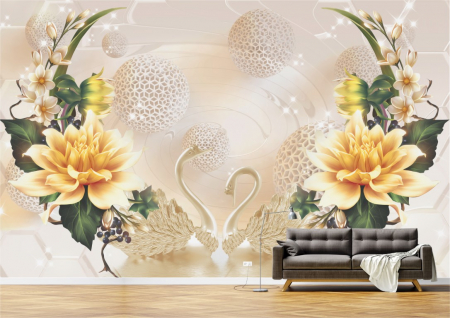 Flori - Tapet Premium Canvas - Abstract flori aurii si lebede din portelan