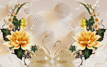Tapet Premium Canvas - Abstract flori aurii si lebede din portelan [1]