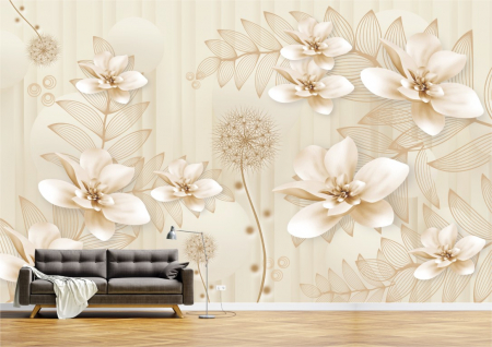 Flori - Tapet Premium Canvas - Abstract flori aurii si papadie