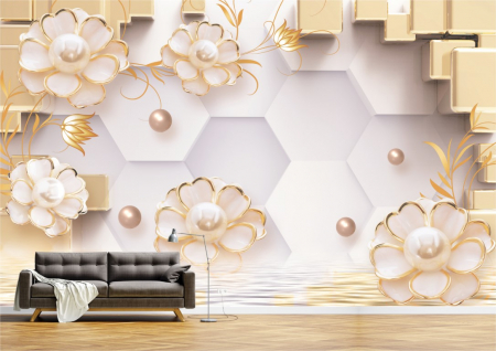 Flori - Tapet Premium Canvas - Abstract flori aurii si perle