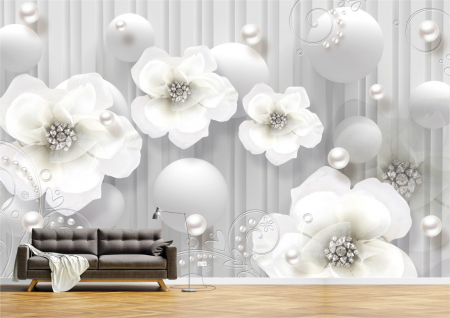 Flori - Tapet Premium Canvas - Abstract flori gri cu diamante