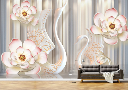 Flori - Tapet Premium Canvas - Abstract flori lebede portelan