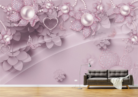 Flori - Tapet Premium Canvas - Abstract flori mov cu perle