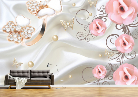Flori - Tapet Premium Canvas - Abstract flori roz cu perle